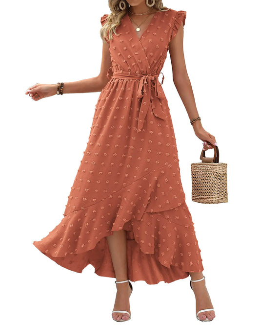 BTFBM Women 2024 Summer V Neck Dress Cap Sleeve Swiss Dot Boho Ruffle Slit Beach Cocktail Party Flowy Long Maxi Dresses Medium Swiss Dot Orange Red